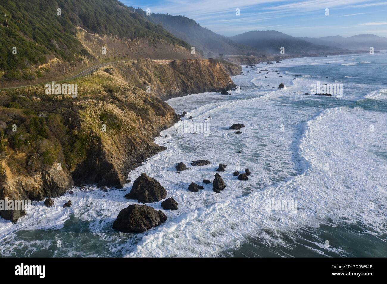 The cold, nutrient-rich waters of the Pacific Ocean beat against the rocky and incredibly scenic coastline of Northern California in Mendocino. Stock Photo