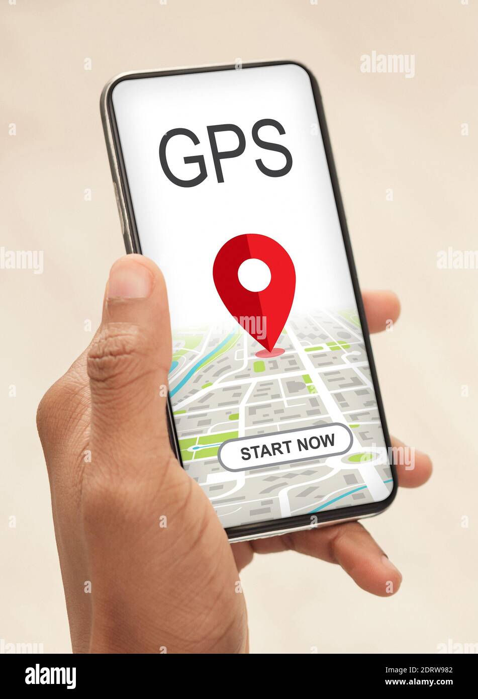 Modern gps application. African american man using smartphone with location tracking app Stock Photo