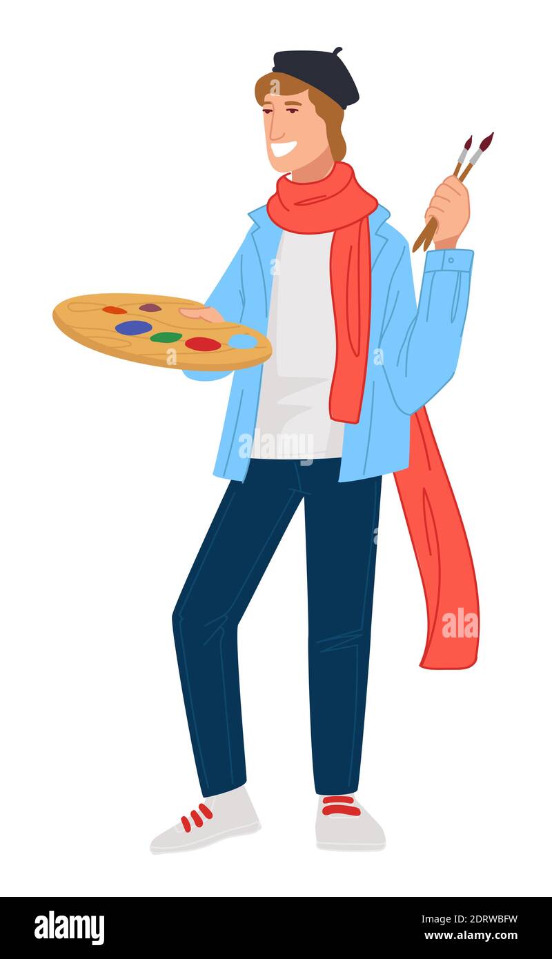 Artists with palette colors, painter with brushes Stock Vector