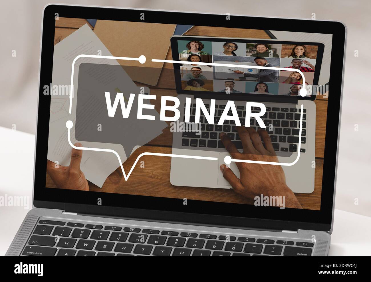 Laptop with webinar inscription on screen, creative image Stock Photo