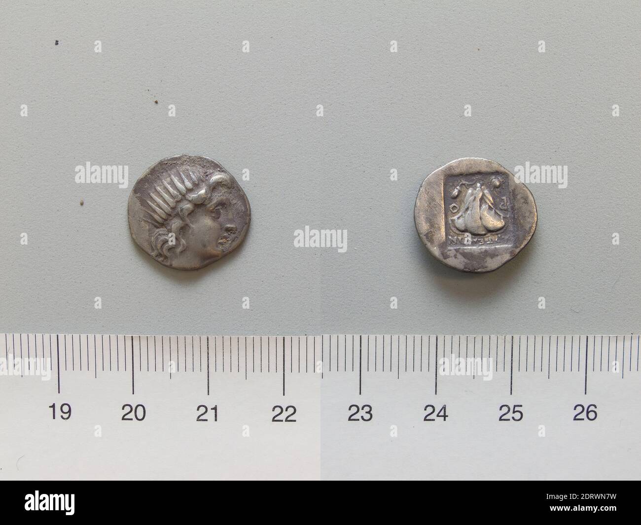 Mint: Rhodes, 1 Drachm from Rhodes, 166–86 B.C., Silver, 2.91 g, 12:00, 16.4 mm, Made in Rhodes, Caria, Greek, 2nd–1st century B.C., Numismatics Stock Photo