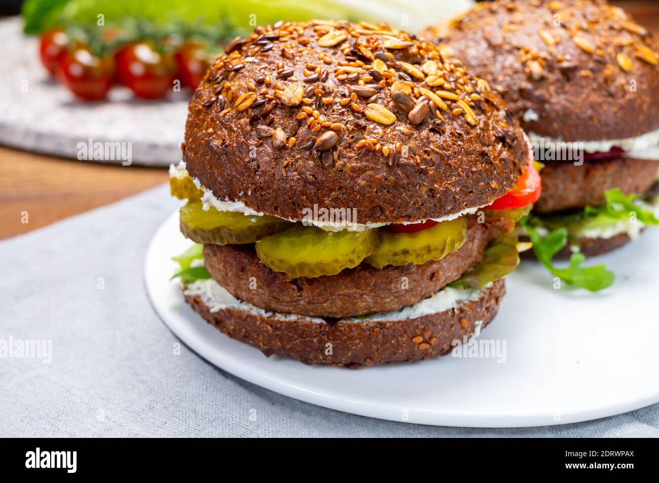 Vegan hamburgers with grilled healthy plant based, meat free burgers