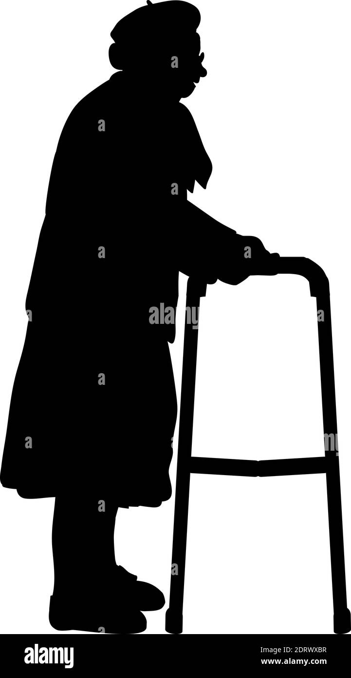 Silhouette senior woman grandma standing with her walker. Illustration symbol icon Stock Vector
