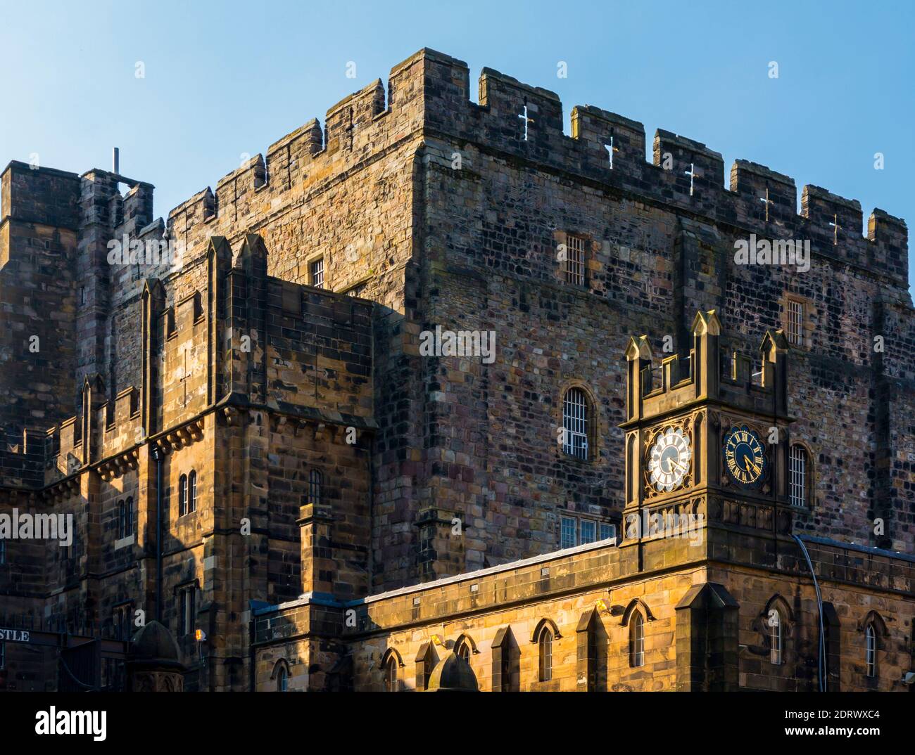 The medieval Keep and clock tower at Lancaster Castle in the City of Lancashire England UK Stock Photo
