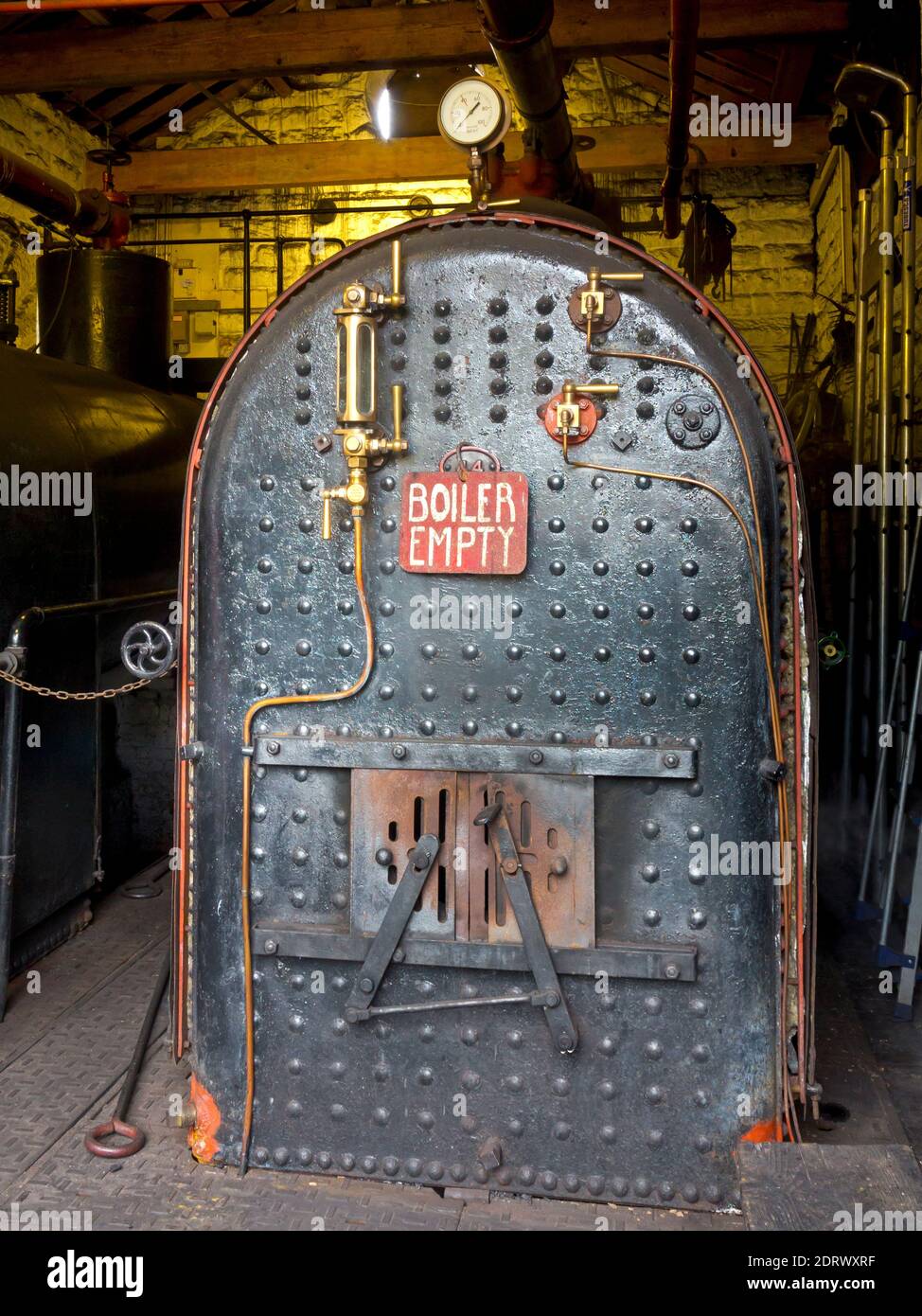 Boiler on Watt type beam engine inside Leawood Pump House built in 1849 on the Cromford Canal Derbyshire England UK to supply water to the canal. Stock Photo