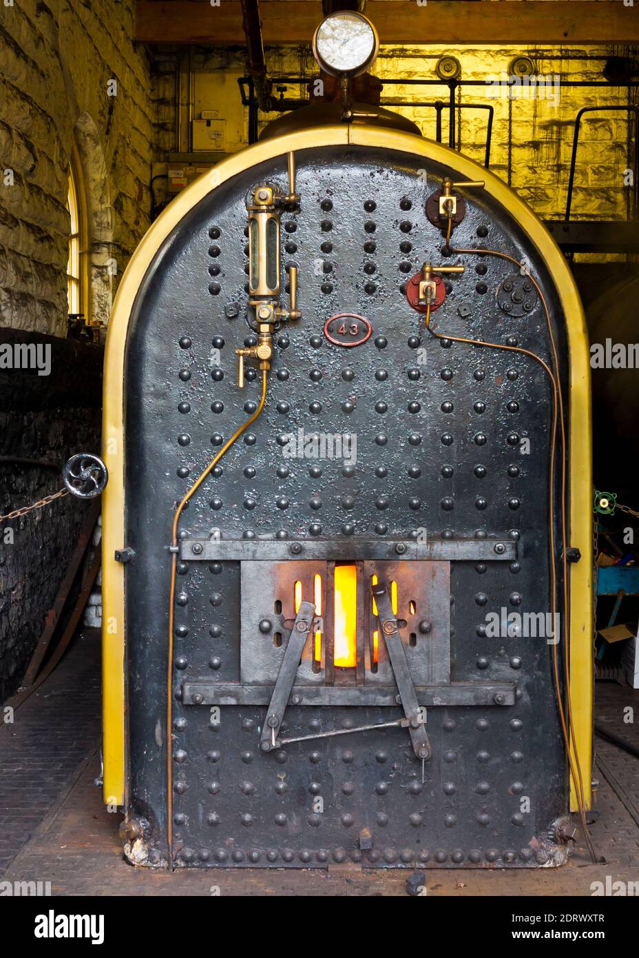 Boiler on Watt type beam engine inside Leawood Pump House built in 1849 on the Cromford Canal Derbyshire England UK to supply water to the canal. Stock Photo