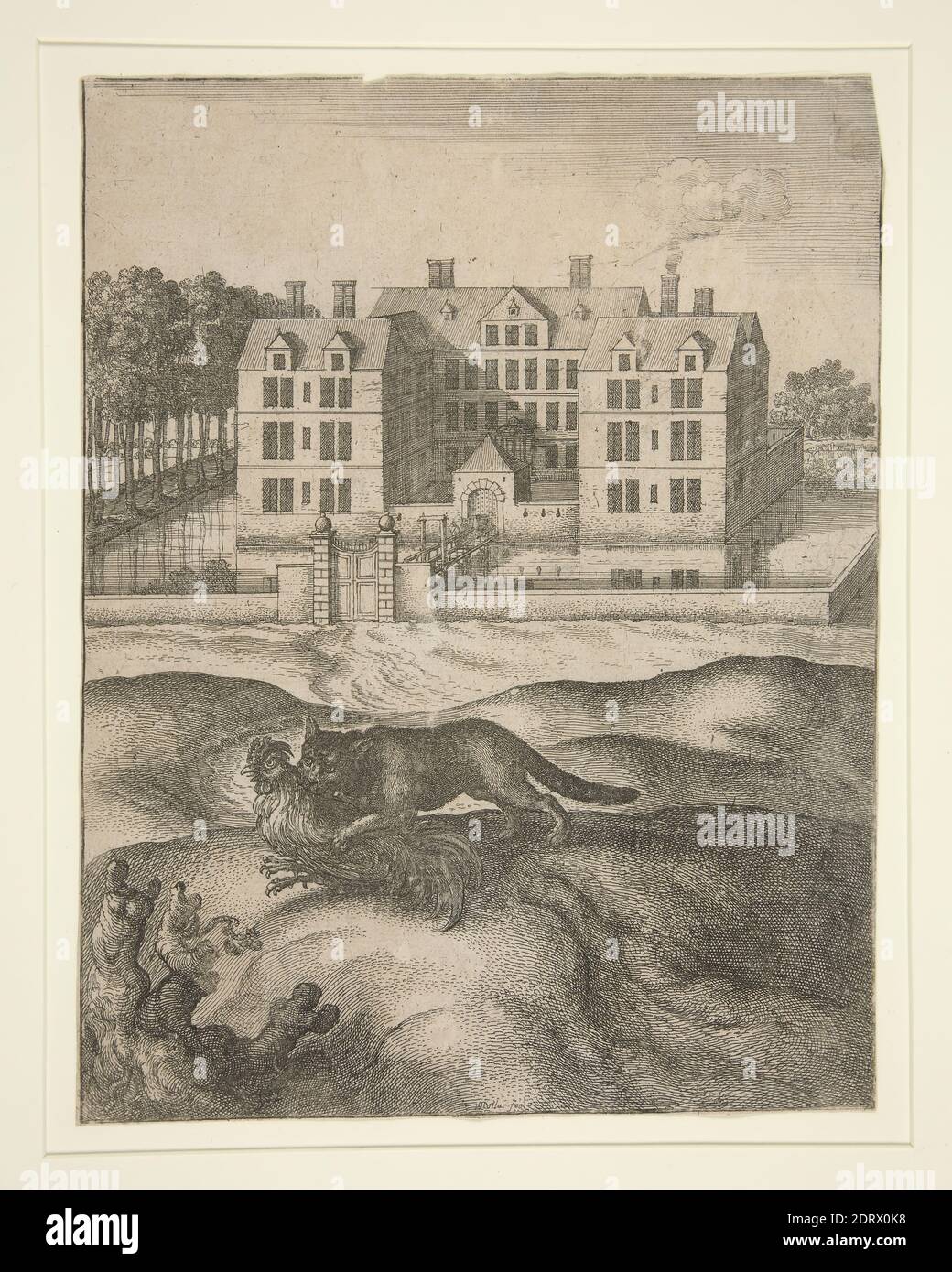 Artist: Wenceslaus Hollar, Bohemian, 1607–1677, Der Fuchs und der Hahn (The Fox and the Rooster), from the series Kleinere Kupfer zum Aesop (Small Copperplates for Aesop), Etching, sheet: 21.3 × 17 cm (8 3/8 × 6 11/16 in.), Made in Bohemia, Czech Republic, Bohemian, 17th century, Works on Paper - Prints Stock Photo