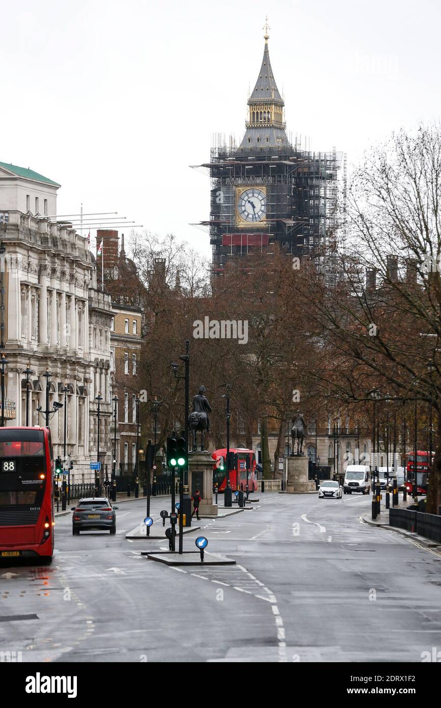 London, UK. 21st Dec, 2020. Photo taken on Dec. 21, 2020 shows the Whitehall in London, Britain. On Sunday, British Health Secretary Matt Hancock warned that the new strain of COVID-19 is 'out of control' in Britain, urging Britons to behave as if they already have the virus, especially in areas under the new Tier Four restrictions. Credit: Han Yan/Xinhua/Alamy Live News Stock Photo
