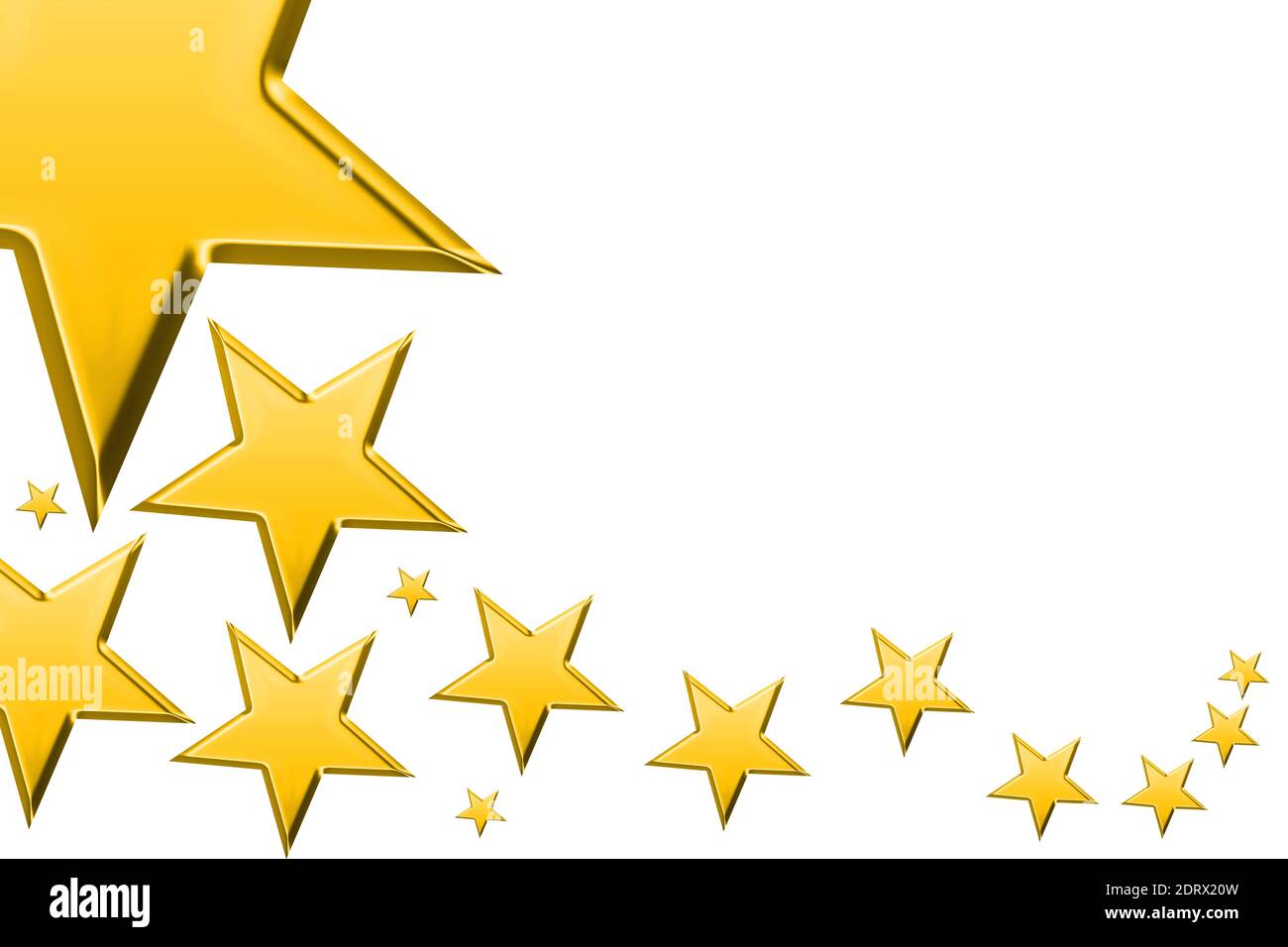 christmas or new year illustration with many golden christmas stars isolated on white background. Illustration 3D render - Stock Image