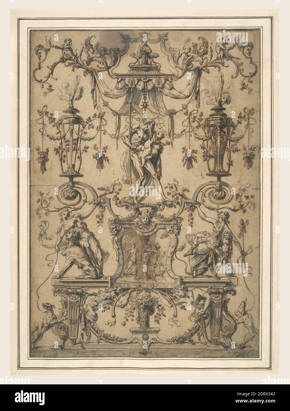 Artist: Gilles-Marie Oppenord, French, 1672–1742, Artist, formerly attributed to: Jean Bérain, French, 1640–1711, Ornamental panel with Father Time, ca. 1700, Pen and brown ink and gray wash, sheet: 41 × 28.7 cm (16 1/8 × 11 5/16 in.), The son of a craftsman who worked for Louis XIV, Gilles-Marie Oppenord studied in Rome for seven years, drawing ancient monuments as well as buildings by the modern masters Gian Lorenzo Bernini and Francesco Borromini. Back in Paris, Oppenord eventually became chief architect for the Duke of Orléans. Stock Photo