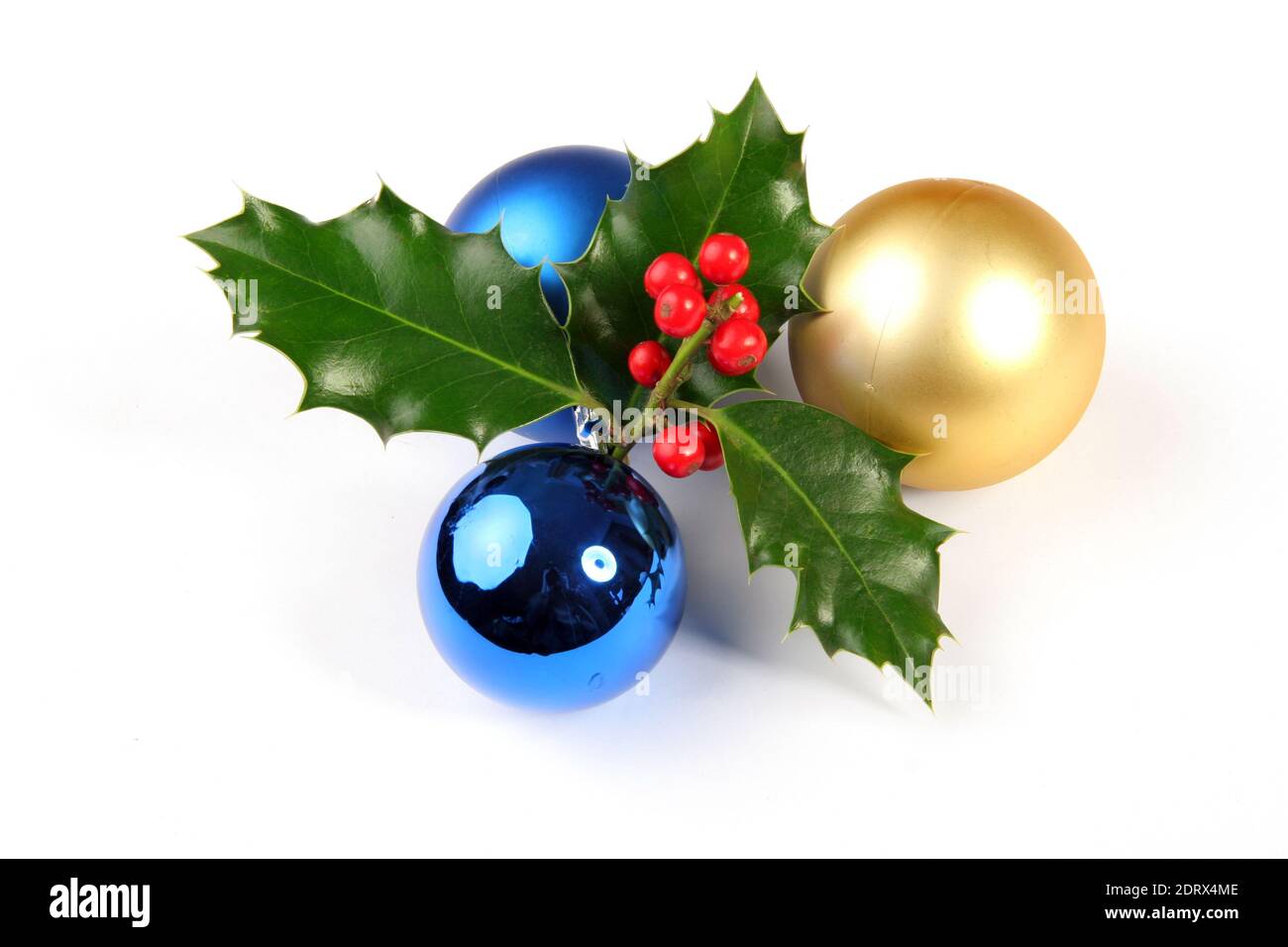 Christmas decoration with a branch of holly and blue and golden balls. Photo isolated on white background - Stock Image