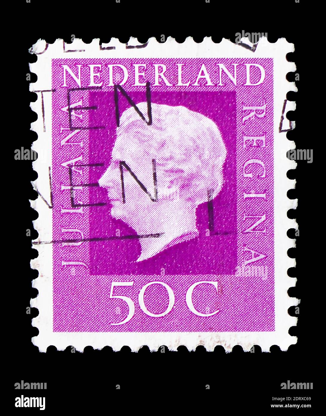 MOSCOW, RUSSIA - FEBRUARY 14, 2019: A stamp printed in Netherlands shows Queen Juliana (1909-2004), Type 'Regina' serie, circa 1972 Stock Photo