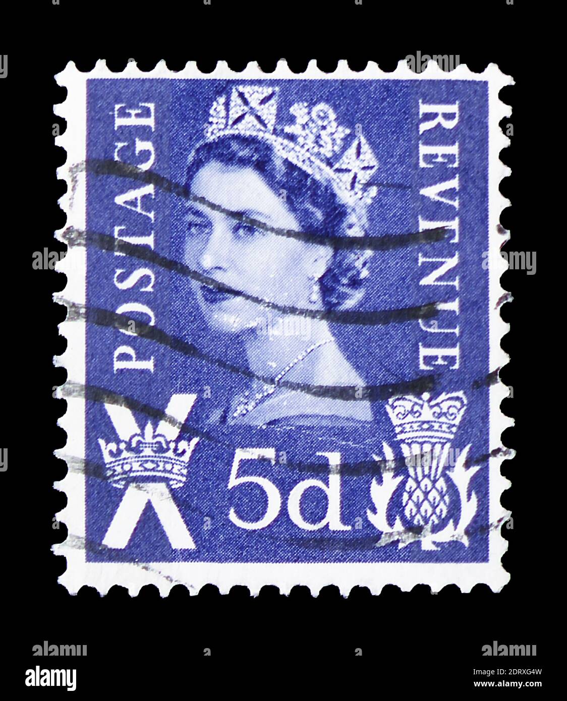 MOSCOW, RUSSIA - FEBRUARY 14, 2019: A stamp printed in United Kingdom shows Queen Elizabeth II - 5d Wilding Portrait, Regional - Scotland serie, circa Stock Photo