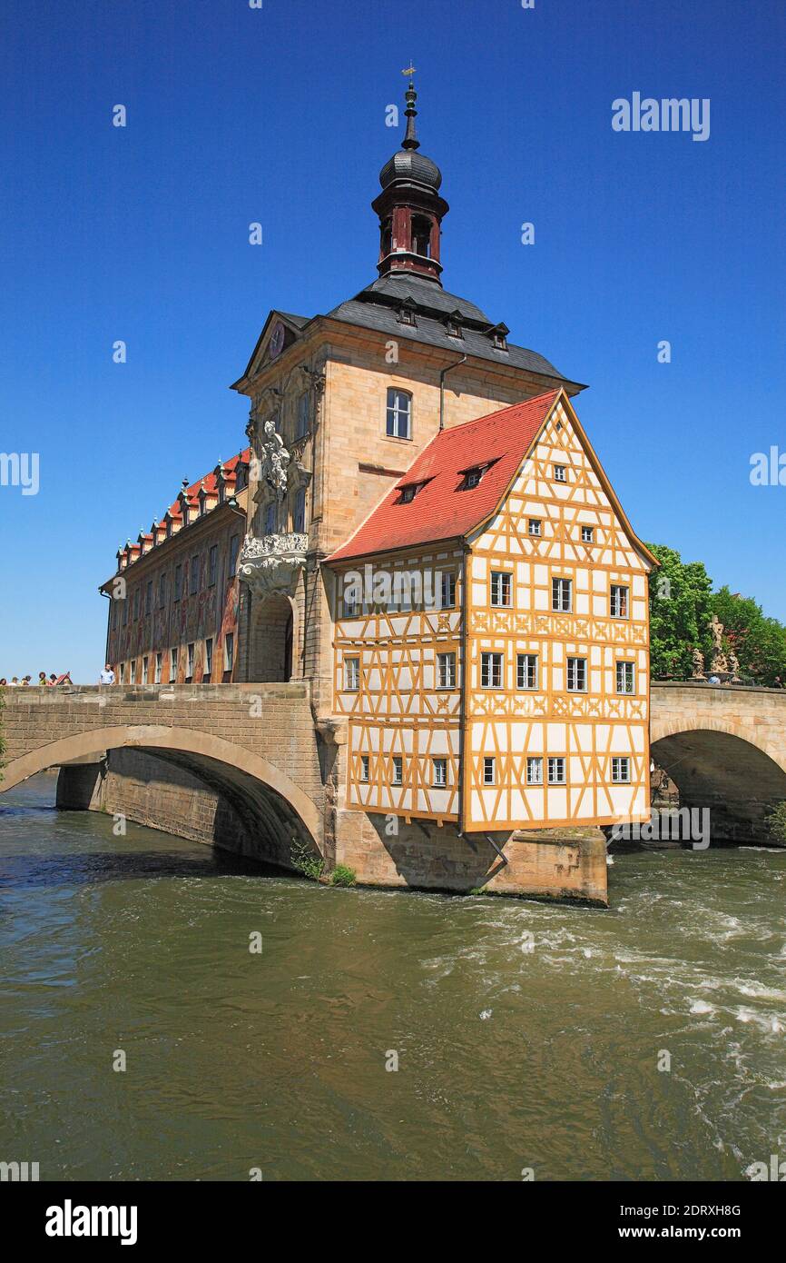 The Old Town Hall in the river Regnitz, Bamberg, Upper Franconia, Bavaria, Germany  /  Das Alte Rathaus in der Regnitz, Bamberg, Oberfranken, Bayern, Stock Photo