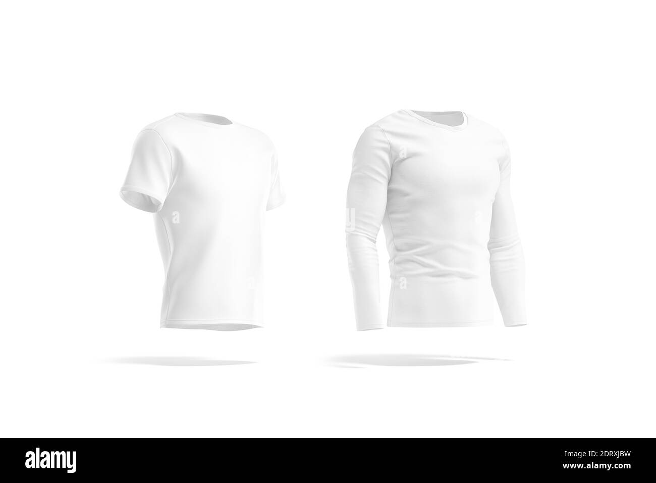 Blank white t-shirt and longsleeve mock up, side view, 3d rendering. Empty sport neckline tee-shirt mockup, isolated. Clear men fit cotton garment for Stock Photo