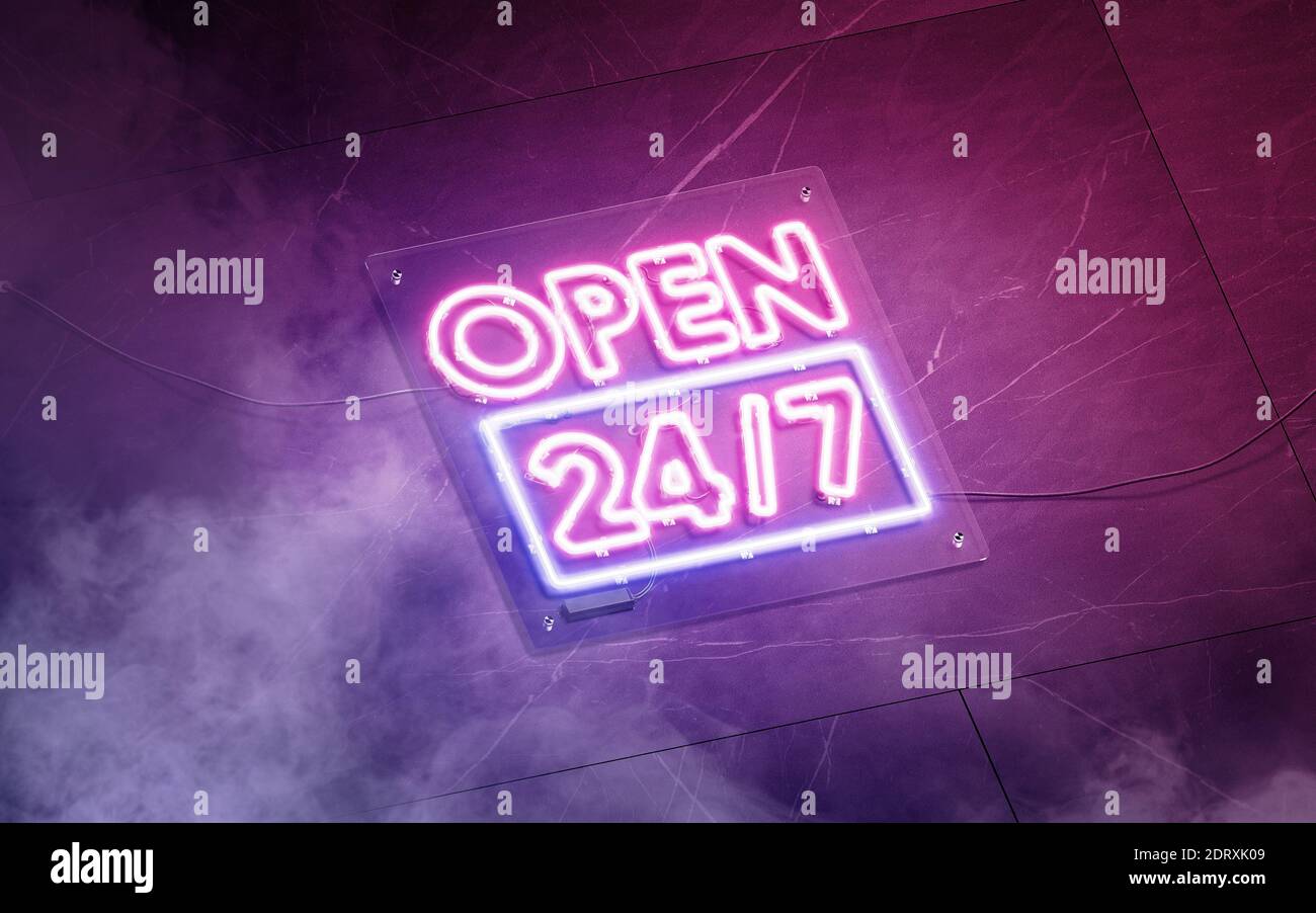 Neon open 24-7 sign dark marble wall, glowing font mockup, 3d rendering. Alight clock signboard with purple smoke effect. Lucent typeface for anytime Stock Photo