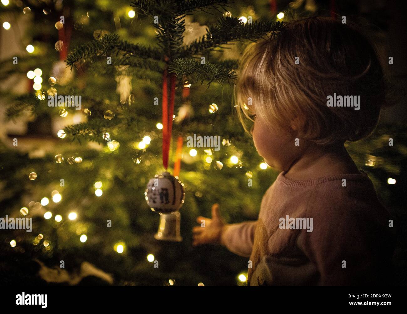 Die 16 Monate alte Emilia (1) bewundert den Weihnachtsbaum, der mit Hutschenreutherkugeln geschmückt ist, bei ihren Großeltern andächtig. 16-month-old Stock Photo