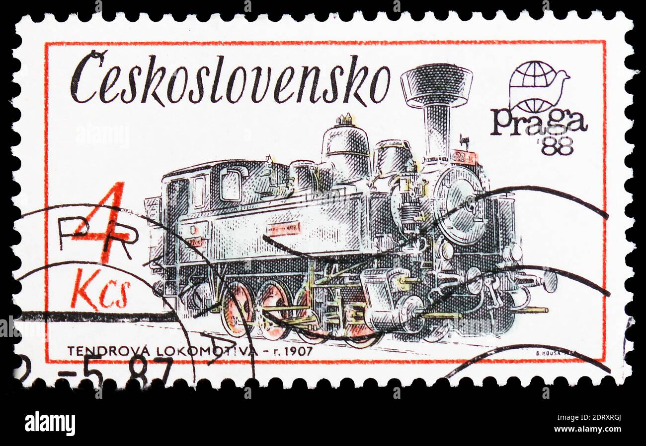 MOSCOW, RUSSIA - FEBRUARY 20, 2019: A stamp printed in Czechoslovakia shows Locomotive tender, 1907, Technical Monuments in Czechoslovakia serie, circ Stock Photo