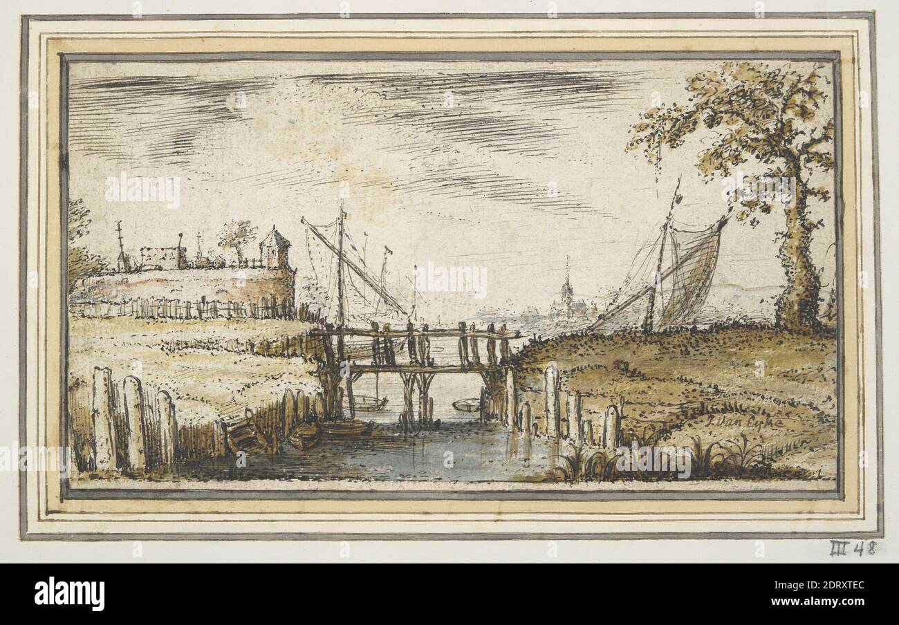Artist: Kasper van Eyck, Flemish, 1613–1673, Footbridge with Bastion and Ships in Distance, Pen and gray-black ink and greenish-brown, blue, and red watercolor, Sheet: 10.4 × 18.8 cm (4 1/8 × 7 3/8in.), Made in Flanders, Flemish, 17th century, Works on Paper - Drawings and Watercolors Stock Photo