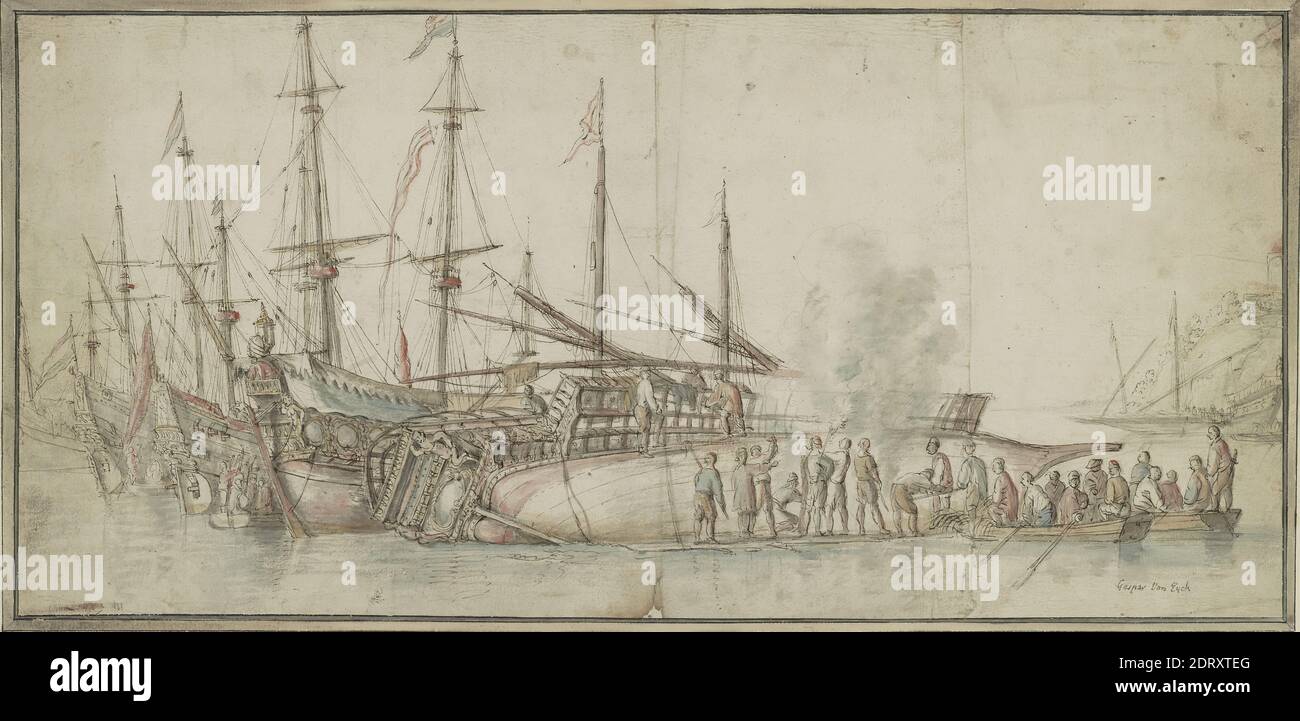 Artist: Kasper van Eyck, Flemish, 1613–1673, Ship Repair, Pen and dark brown ink and blue, red, gray and brown watercolor over sketch in pencil, Sheet: 20.4 × 42.7 cm (8 1/16 × 16 13/16 in.), Made in Flanders, Flemish, 17th century, Works on Paper - Drawings and Watercolors Stock Photo