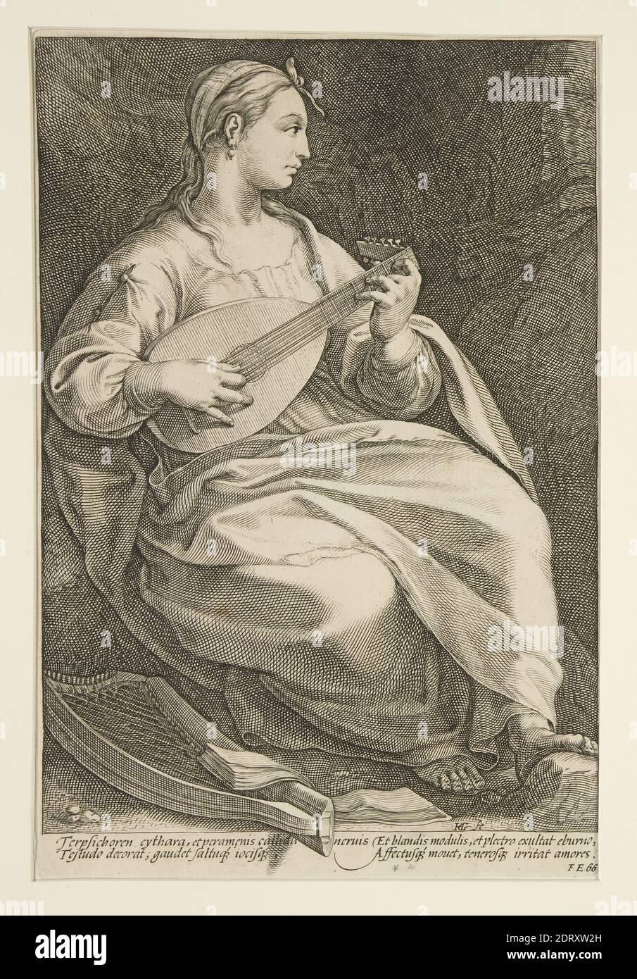 Artist: Hendrick Goltzius, Dutch, 1558–1617, The Nine Muses:  Terpsichore, #5 in a series of 9, Engraving, 9 3/4 × 6 1/2 in. (24.7 × 16.5 cm), Made in The Netherlands, Dutch, 16th century, Works on Paper - Prints Stock Photo
