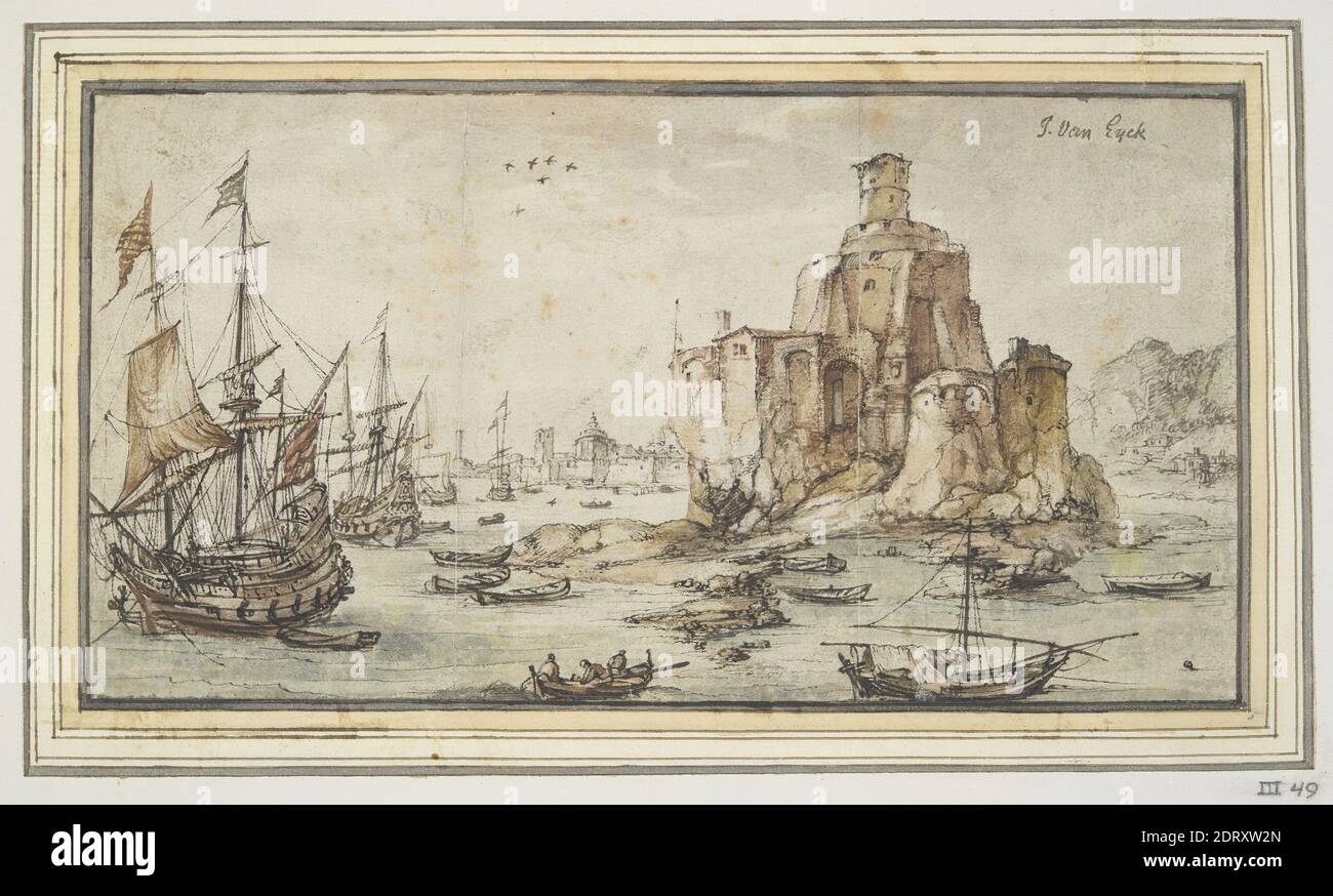 Artist: Kasper van Eyck, Flemish, 1613–1673, Harbor Scene, Pen and dark brown ink and green, red and brown watercolor, Sheet: 10.8 × 20.3 cm (4 1/4 × 8in.), Made in Flanders, Flemish, 17th century, Works on Paper - Drawings and Watercolors Stock Photo