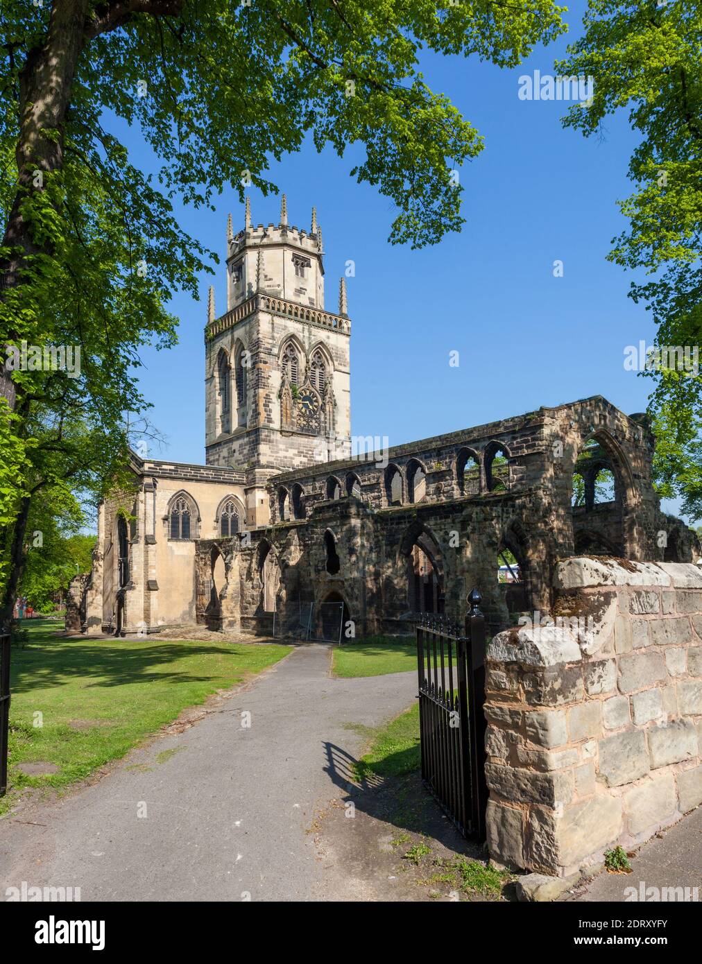 All Saints' parish church in Pontefract, West Yorkshire - ruined in the English Civil War, an inner church was built inside the ruins in the 1960's Stock Photo