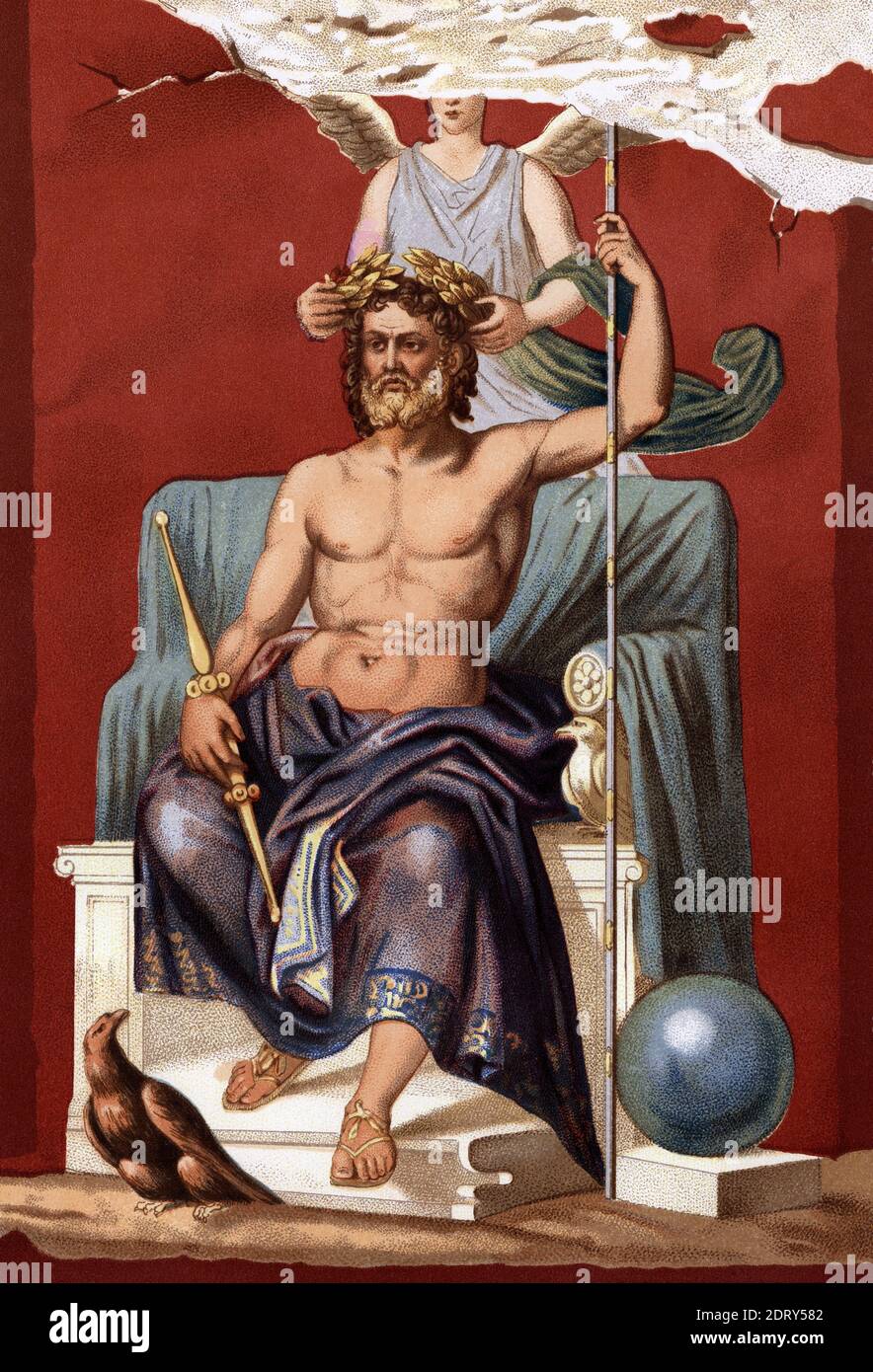 Jupiter or Jove, King of the Gods in mythology and venerated in ancient Rome.  In this 19th century chromolithograph after a work by Etienne Antoine Eugene Ronjat, Victory places a wreath on his head. Stock Photo