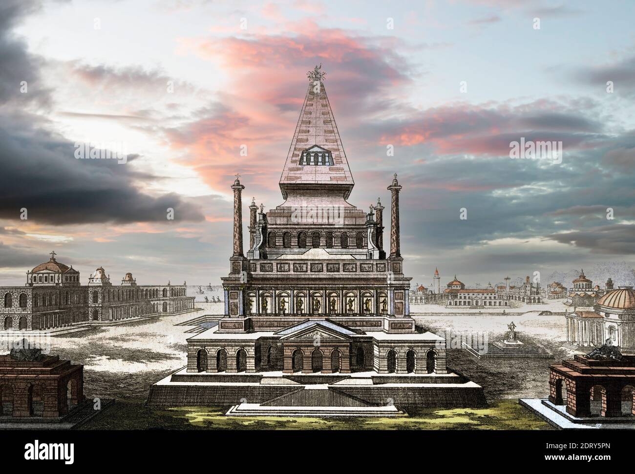 Imaginary reconstruction of the Mausoleum at Halicarnassus or Tomb of Mausolus, one of the Seven Wonders of the Ancient World.    Digital sky added.  After an 18th century work by  Johann Fischer von Erlach. Stock Photo