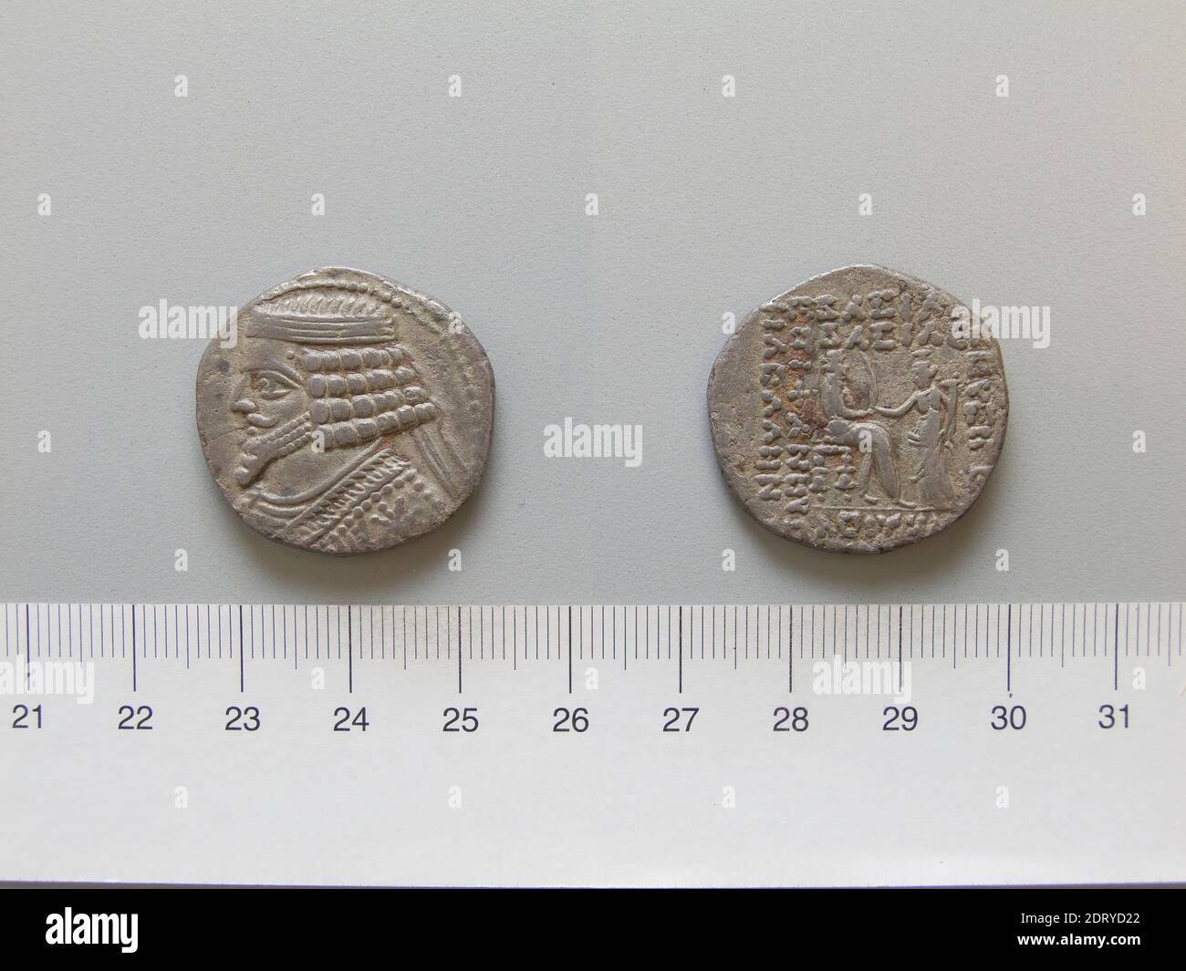Ruler: Phraates IV, 38-2 B.C.Mint: Parthia, Tetradrachm of Phraates IV from Parthia, 23–22 B.C., Silver, 10.62 g, 1:00, 27.7 mm, Made in Parthia, Parthian, 1st century B.C., Numismatics Stock Photo
