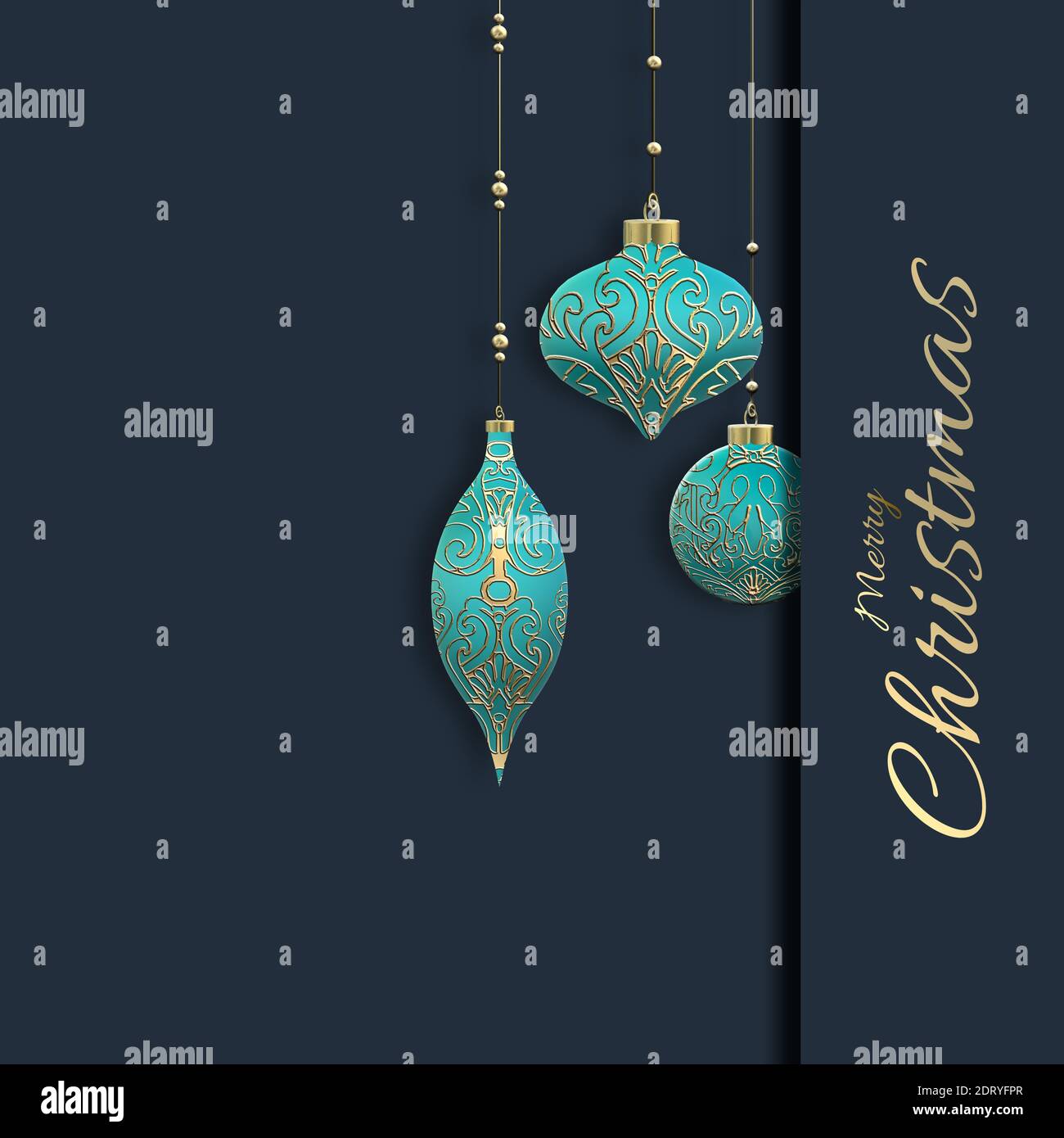 Hanging Xmas balls baubles for Christmas holiday card on blue background. Christmas wishes text. 3D illustration. Holiday Xmas beautiful card. Place f Stock Photo