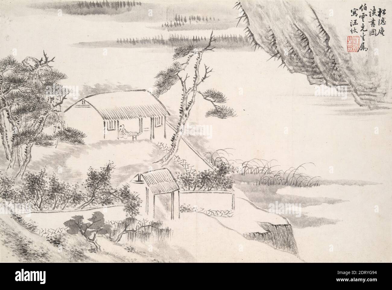 Artist: Wang Bin, Reading at the Secluded Pine Studio (Song yin an), 19th century, Album leaf, ink on paper, without mounting: 8 7/16 × 12 13/16 in. (21.5 × 32.5 cm), China, Chinese, Qing dynasty (1644–1911), Paintings Stock Photo