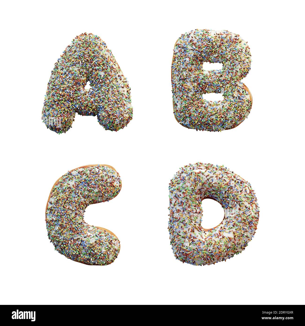 3D rendering of donut letters alphabet with white icing and colorful sprinkles letters AD
