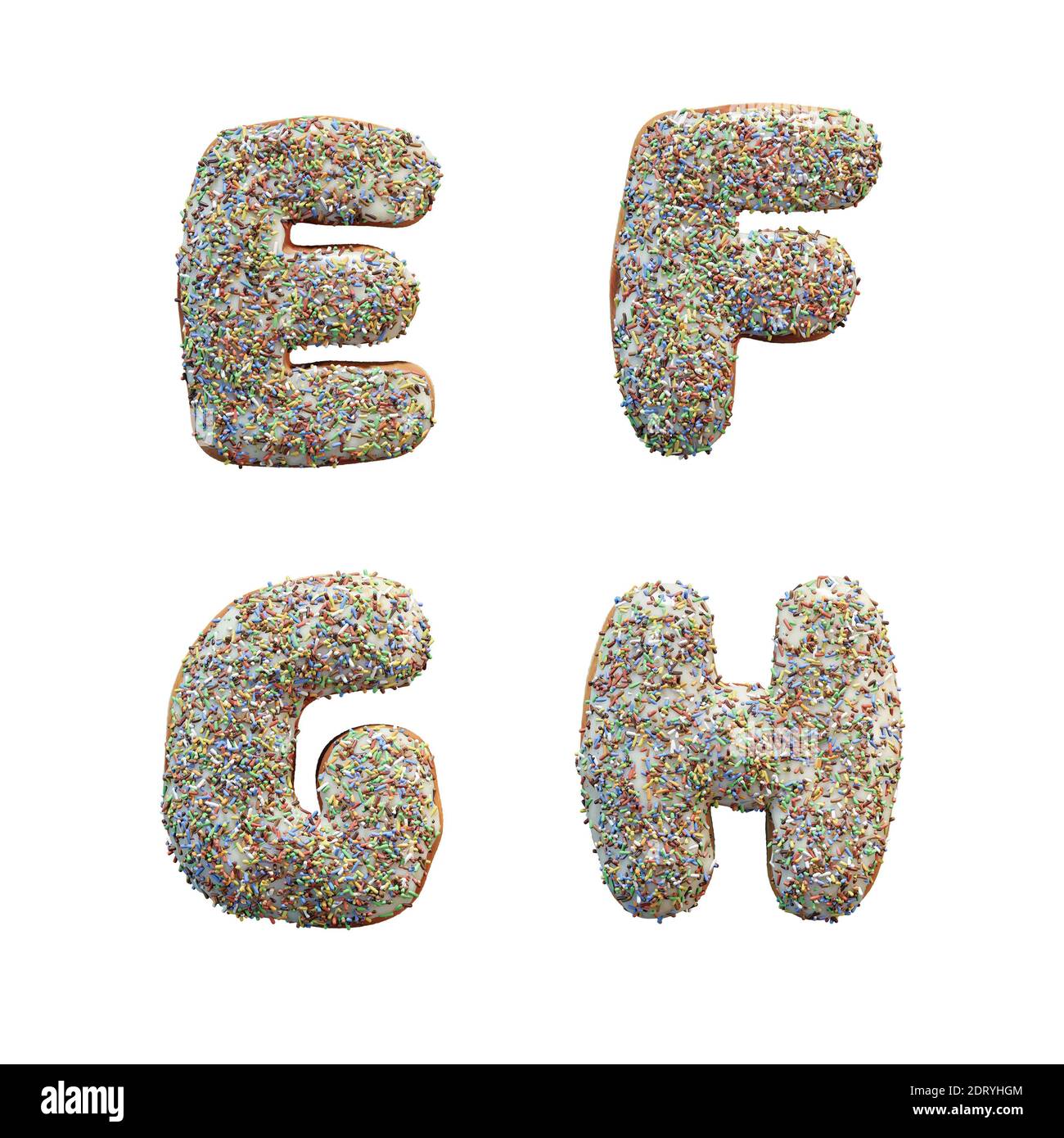 3D rendering of donut letters alphabet with white icing and colorful sprinkles letters EH