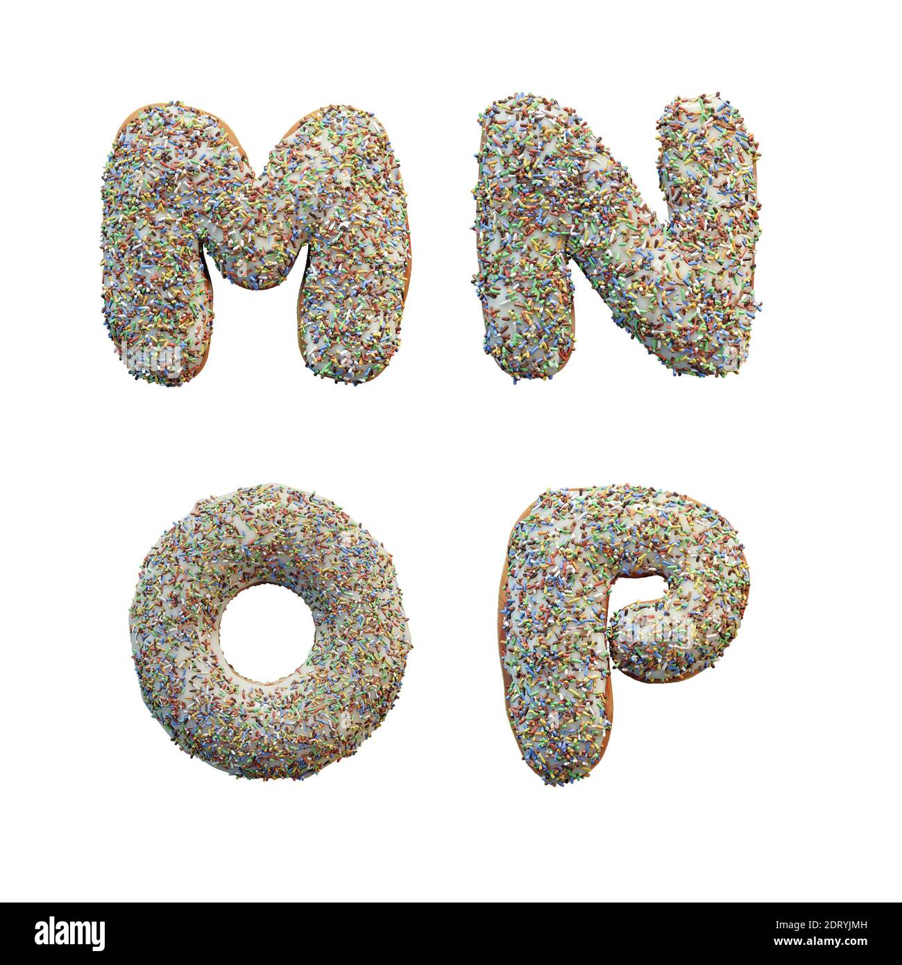 3D rendering of donut letters alphabet with white icing and colorful sprinkles letters MP