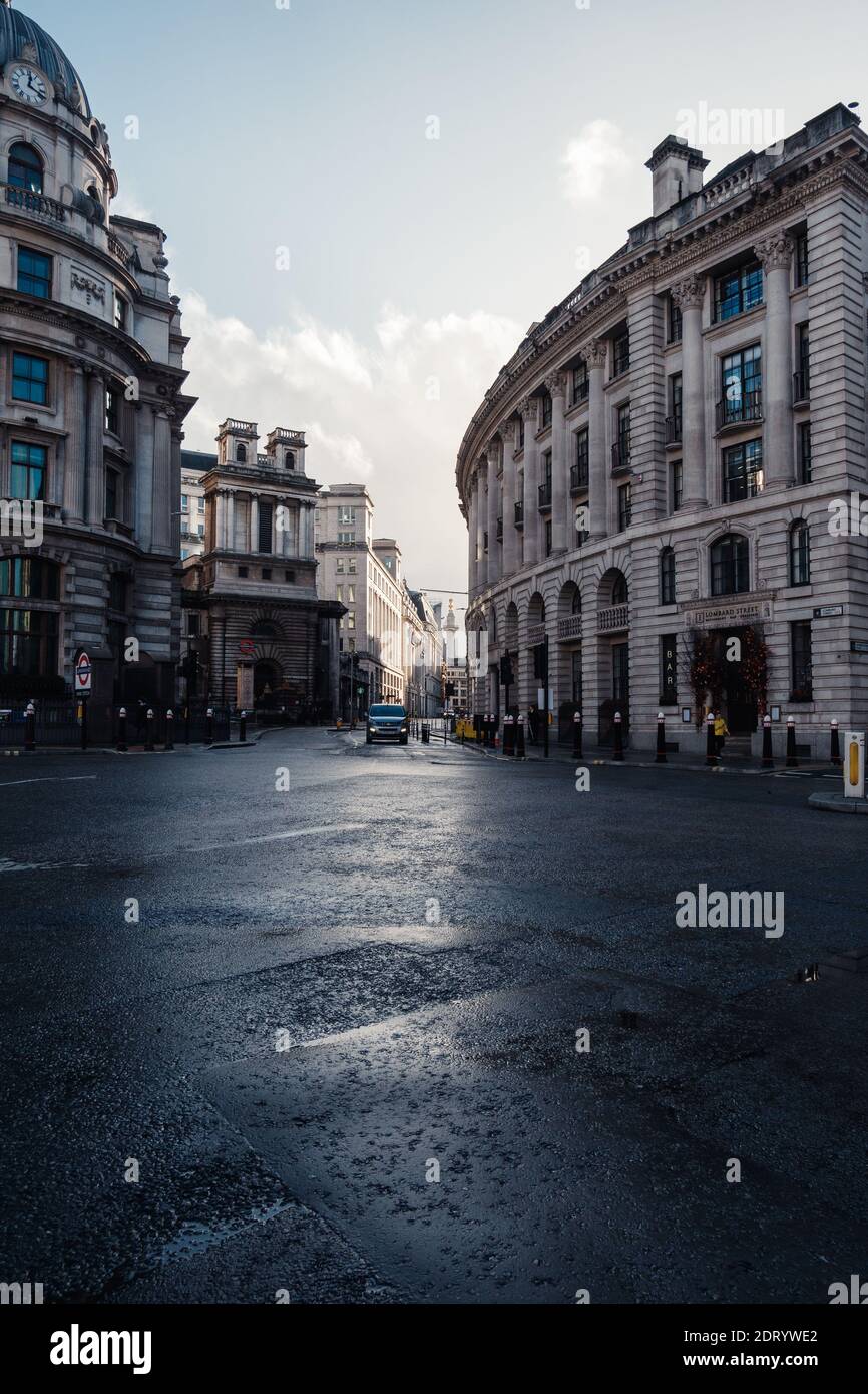 London, UK - December 2020 :  The City of London with quiet streets Stock Photo