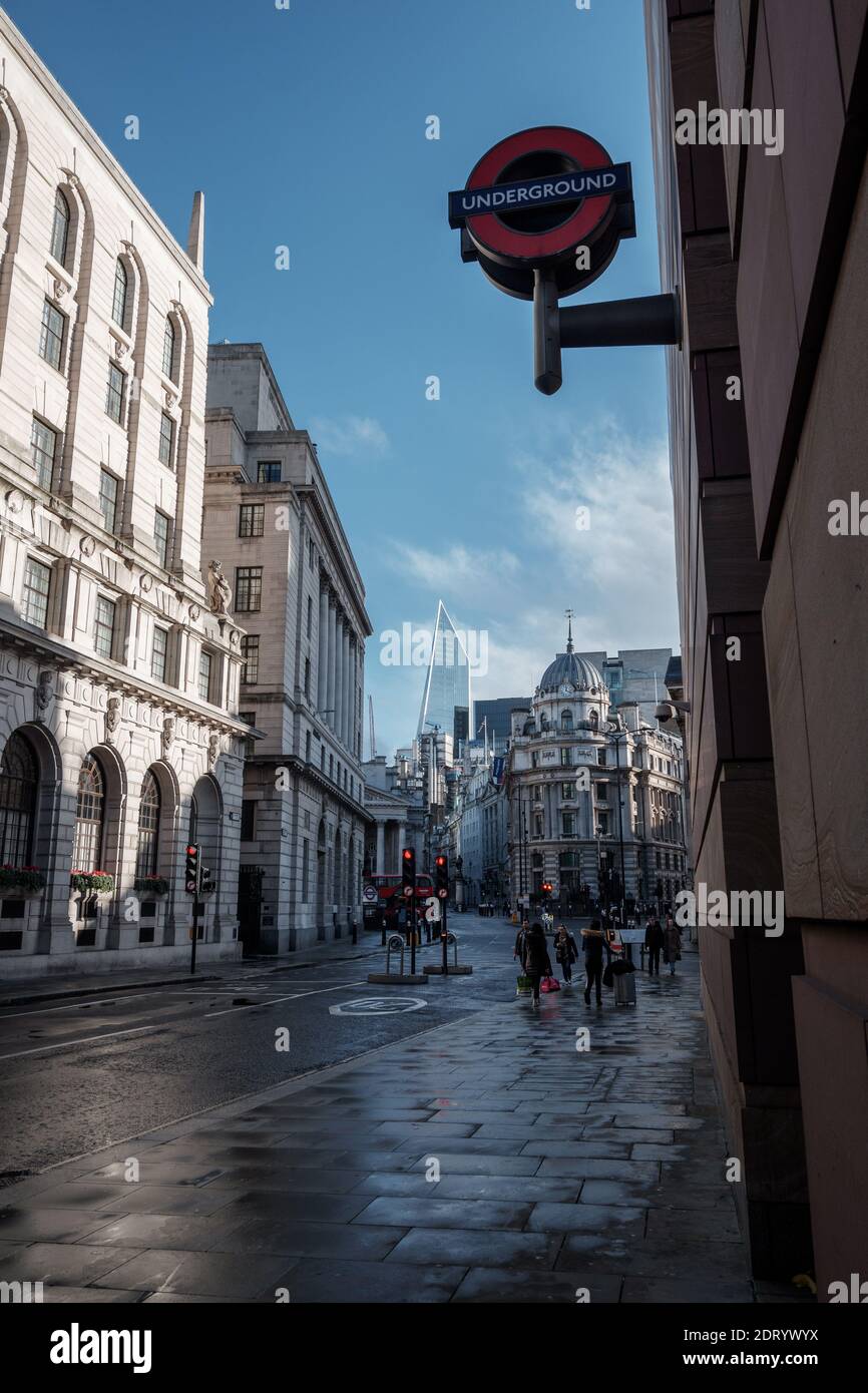 London, UK - December 2020 : Mansion House in the City of London, with quiet streets Stock Photo