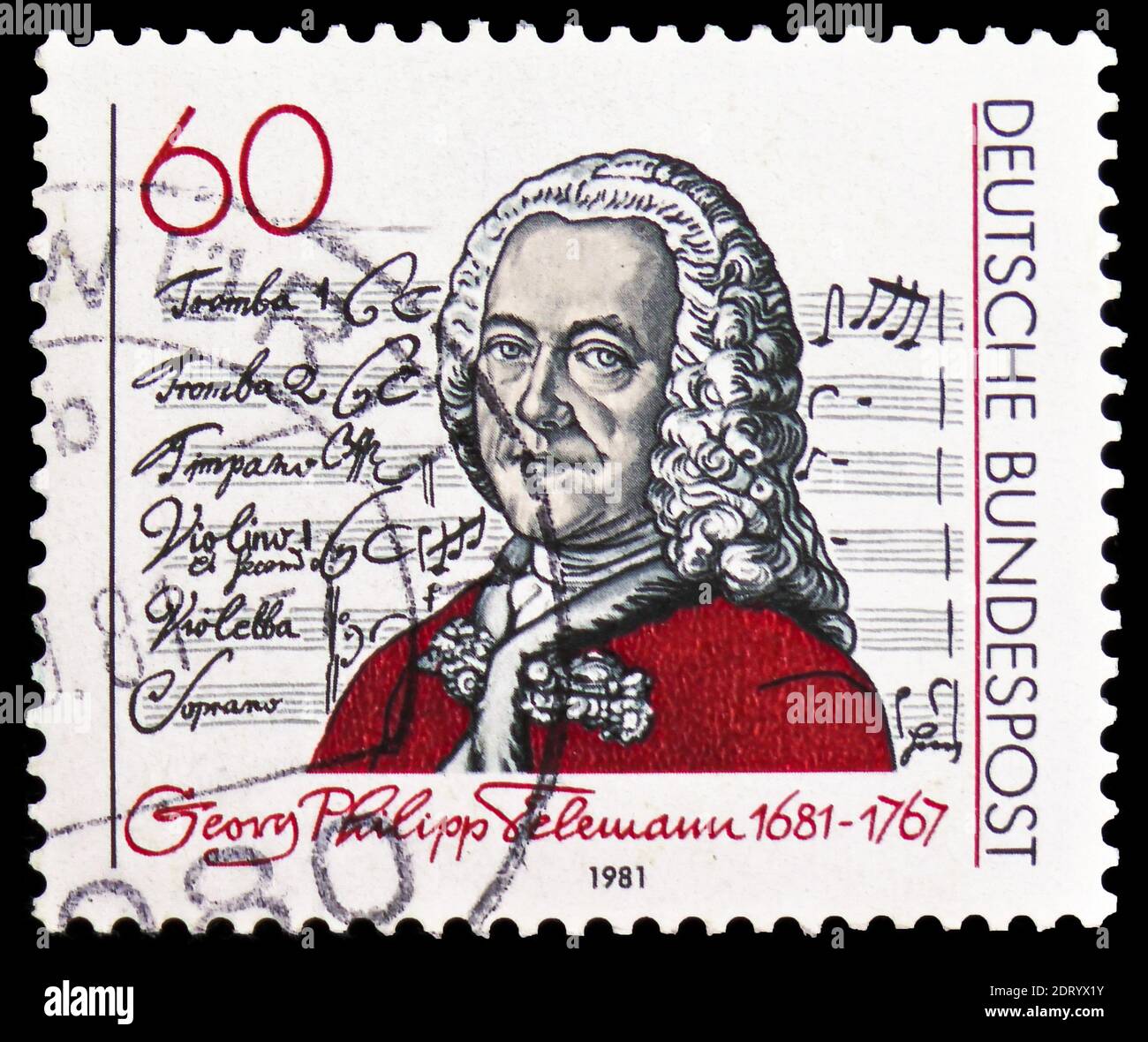 MOSCOW, RUSSIA - FEBRUARY 21, 2019: A stamp printed in Germany, Federal Republic shows Georg Philipp Telemann and title page of “Singet dem Herrn” Can Stock Photo