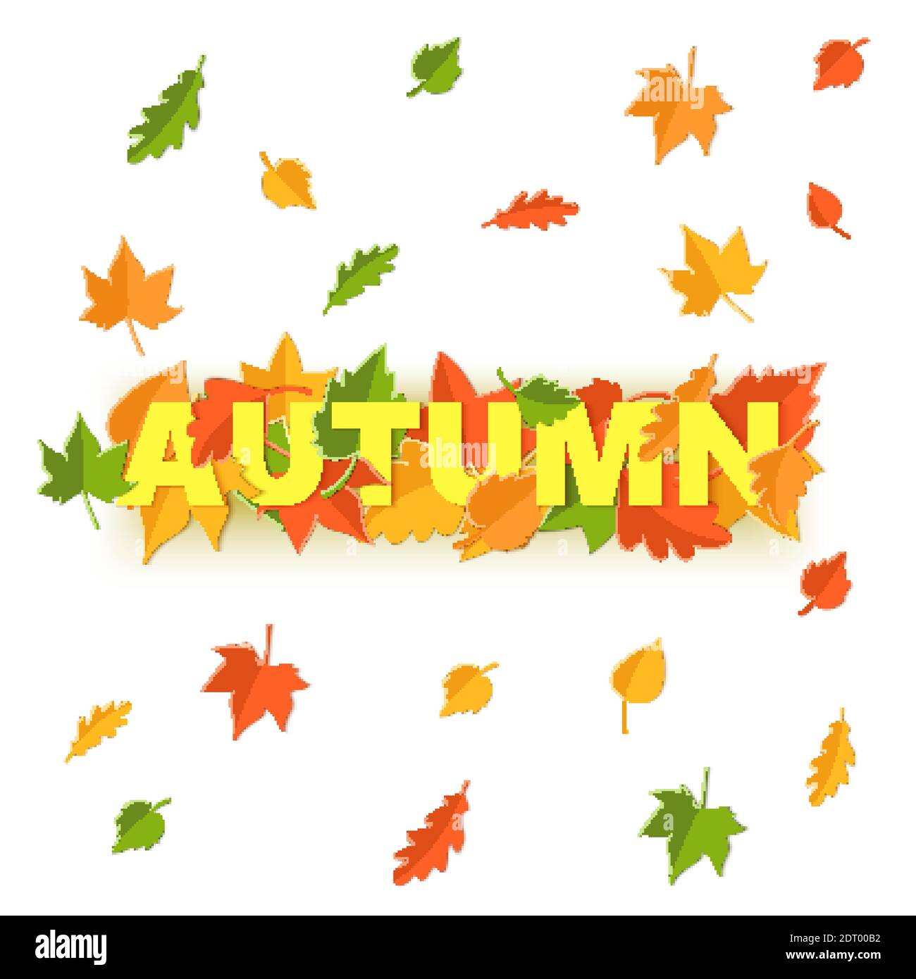 Word AUTUMN composition with green yellow red leaves on white background in paper cut style. Fall leaf realistic yellow letters for design poster Stock Vector