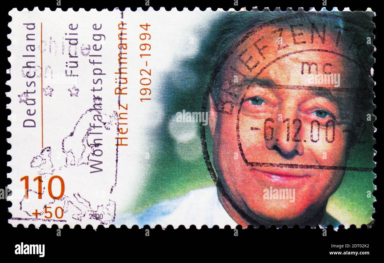 MOSCOW, RUSSIA - FEBRUARY 21, 2019: A stamp printed in Germany, Republic shows Heinz Rühmann, Welfare: International Movie Actors serie, circa 2000 Stock Photo