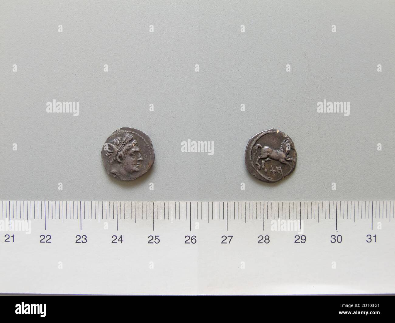 Ruler: Hiempsal II, King of Numidia, ruled 88–60 B.C.Mint: Numidia, Obol of Hiempsal II from Numidia, 106–60 B.C., Silver, 1.72 g, 5:00, 14.6 mm, Made in Numidia, Numidian, 2nd–1st century B.C., Numismatics Stock Photo