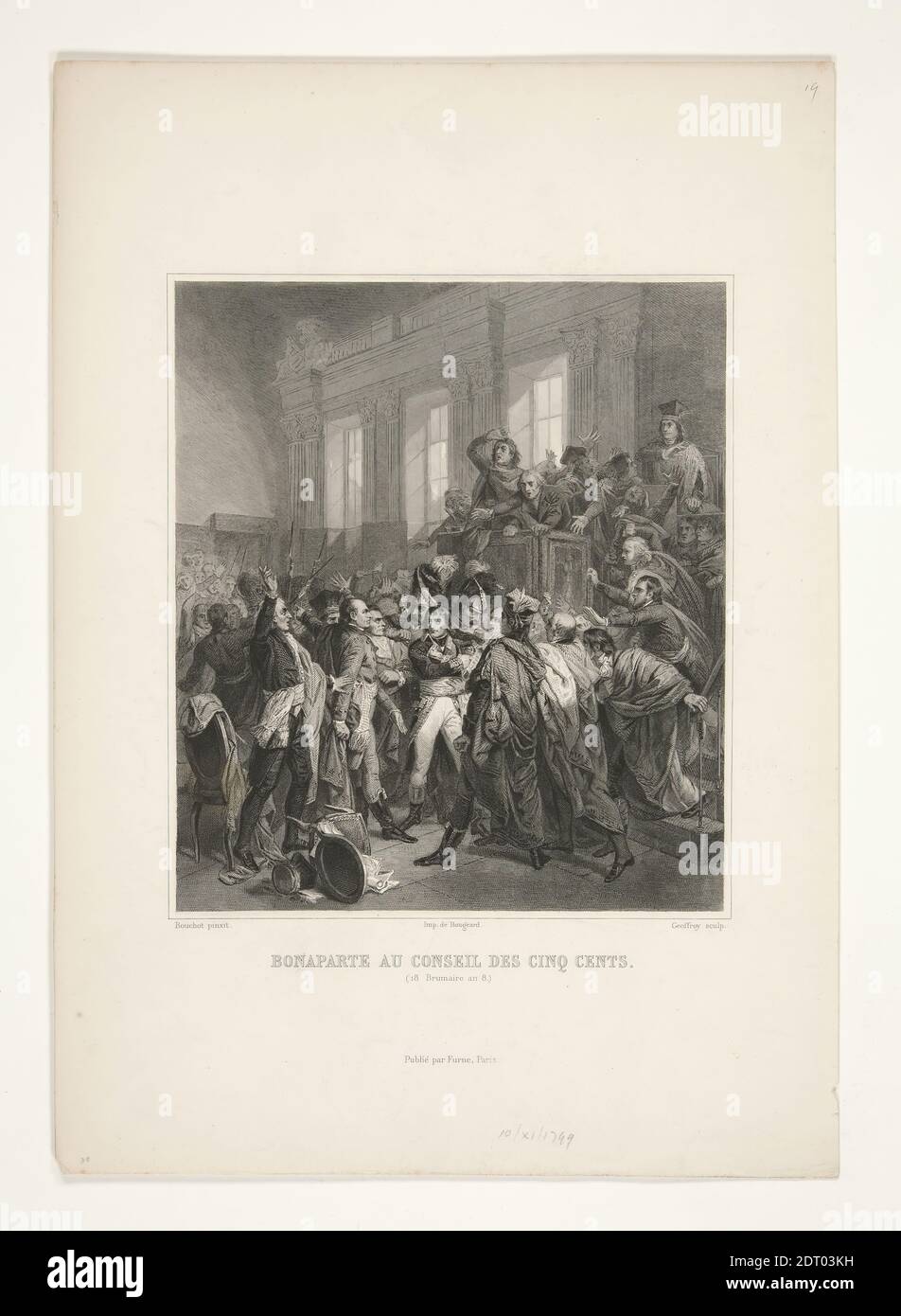 Engraver: Charles Michel Geoffroy, French, 1819–1880, After: François Bouchot, French, 1800–1842, Bonaparte au Conseil des Cinq Cents (Bonaparte at the Council of Five Hundred), Engraving, sheet: 22.5 × 30 cm (8 7/8 × 11 13/16 in.), French, 19th century, Works on Paper - Prints Stock Photo