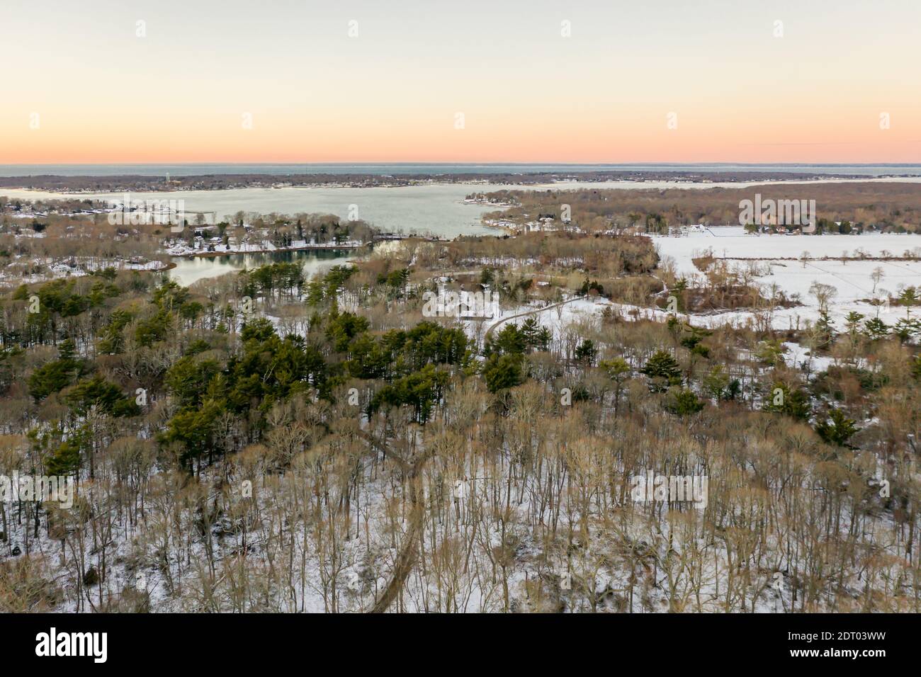 Aerial view of Sylvester Manor and Dering Harbor in the distance Stock Photo