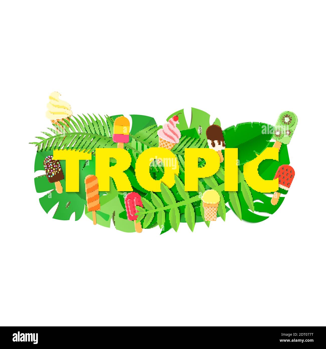 Word TROPIC composition with green jungle leaves and ice cream on