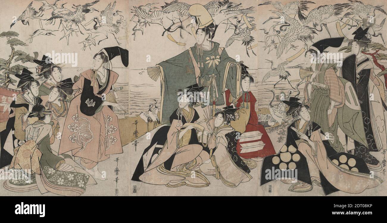 Artist: Kitagawa Utamaro, Japanese, 1753–1806, Parody of Yoritomo Releasing Cranes (Mitate Yoritomo Houkaku), 18th century, Ukiyo-e triptych: polychrome woodblock prints, sheet (Each): 14 3/4 × 9 5/8 in.(37.5 × 24.4 cm), Japan, Japanese, Edo period (1615–1868), Works on Paper - Prints Stock Photo