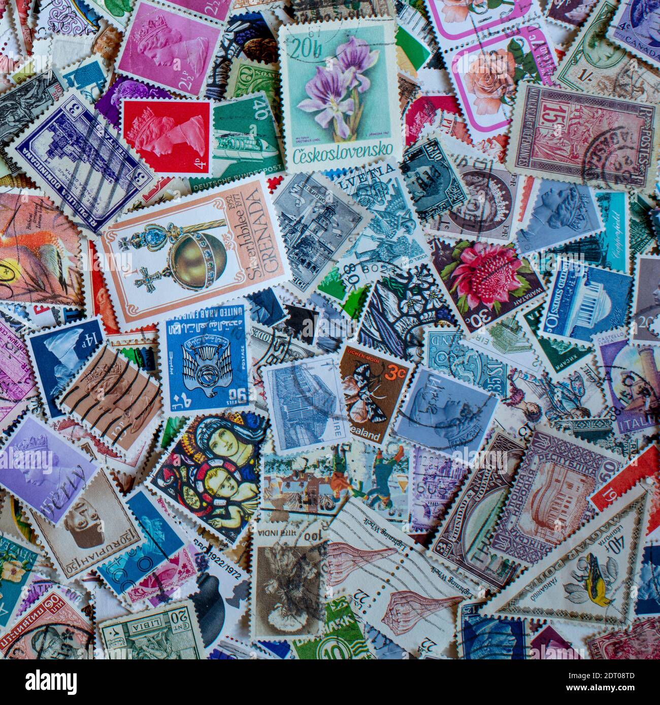 Display of international/world postage stamps as still-life collection Stock Photo