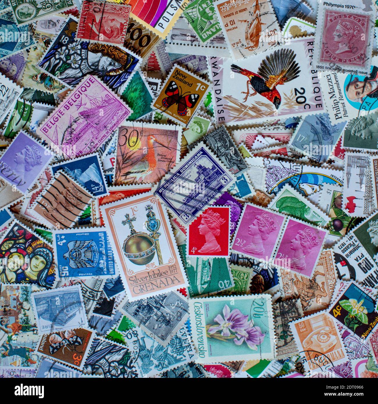 Display of international/world postage stamps as still-life collection Stock Photo