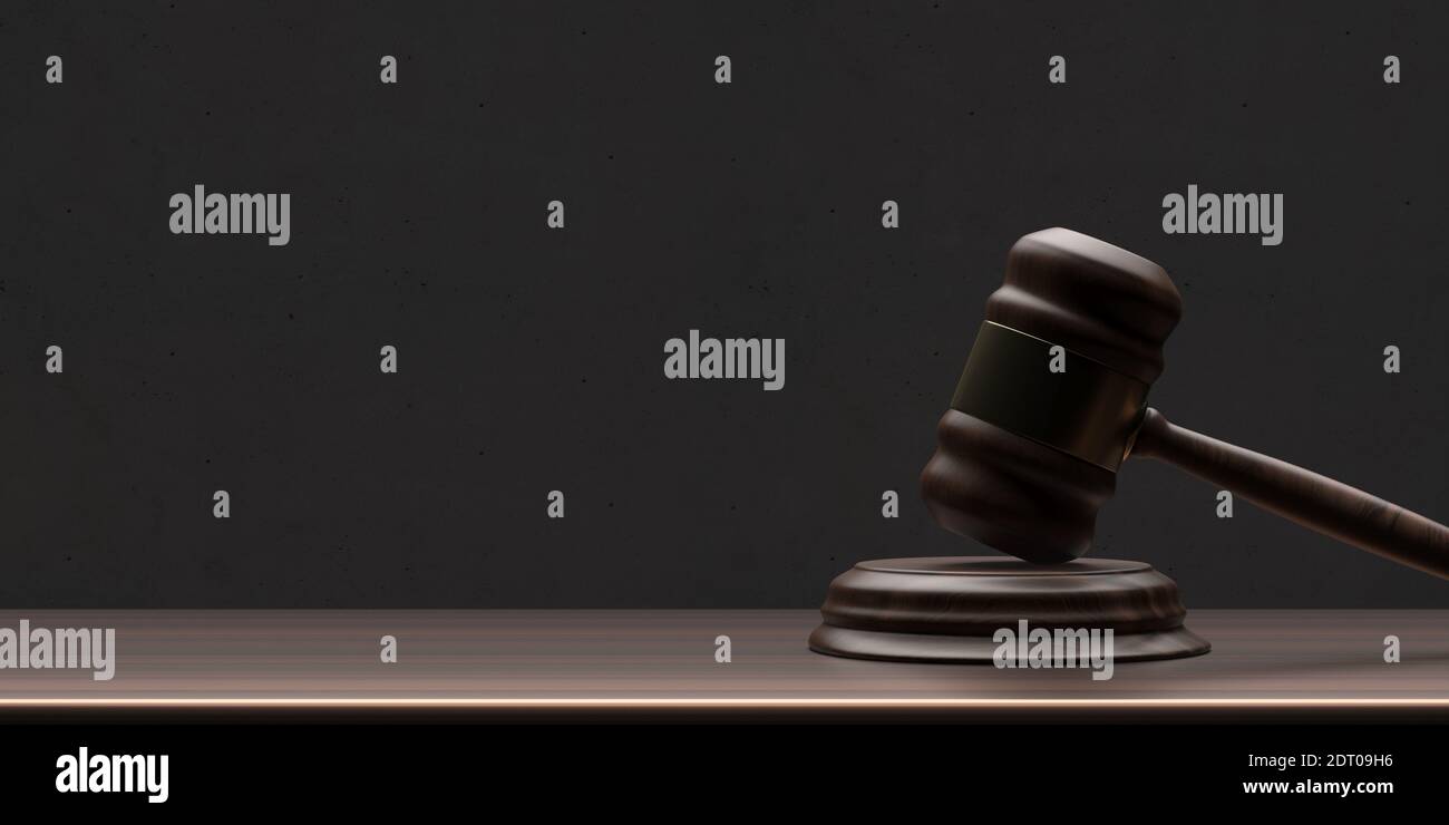 Judge gavel on wooden desk, court table. Wooden mallet, dark room, black wall background, Law or auction template, copy space. 3d illustration Stock Photo