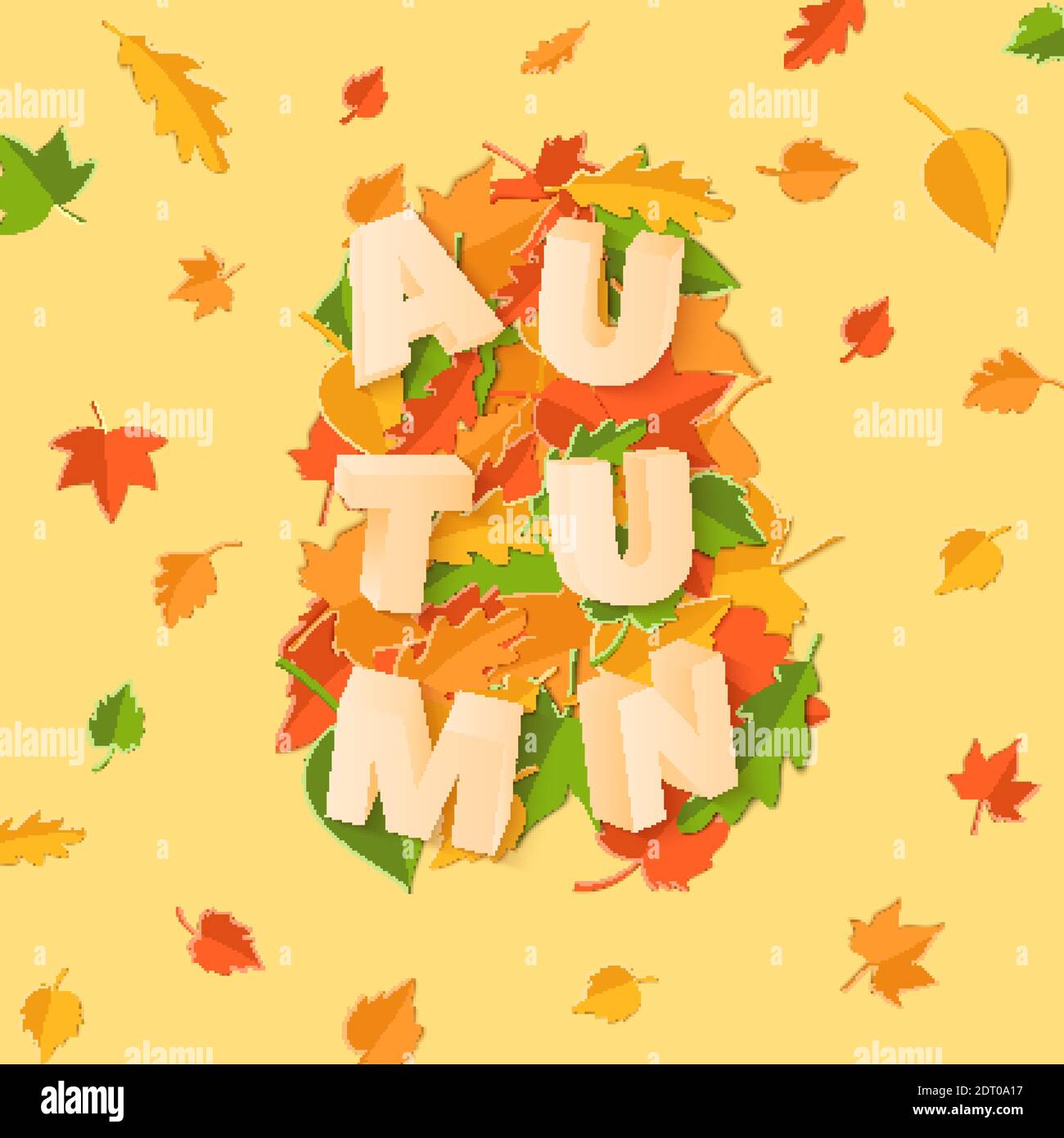 Word AUTUMN composition with green yellow red leaves on yellow ...