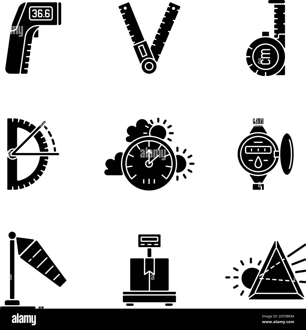 Measuring instruments black glyph icons set on white space Stock Vector